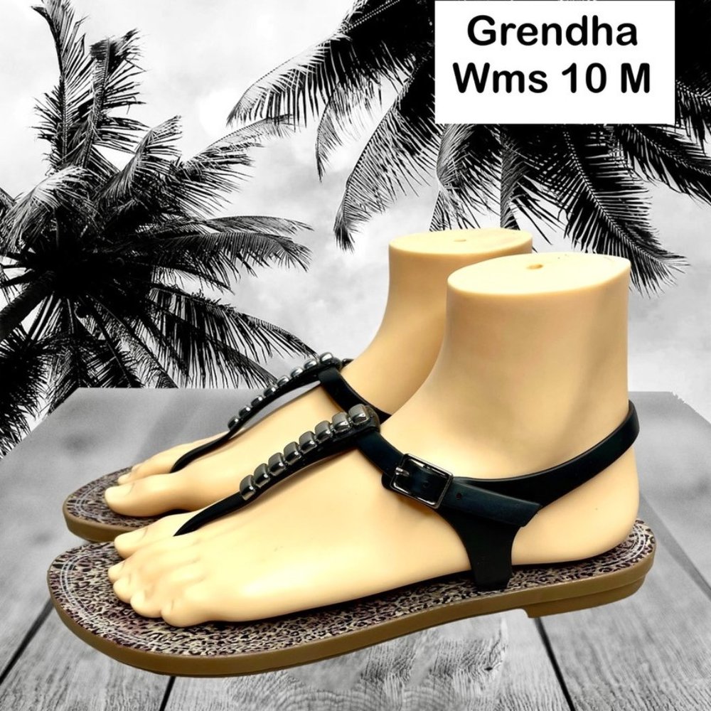 Grendha Womens Black Acai Print T-Strap Buckle Flat‎ Sandal Size 10